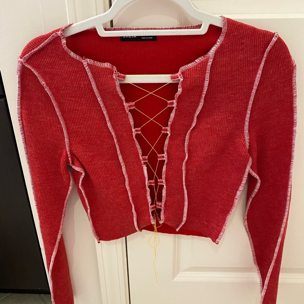 Shein Red Lace Up Cropped Sweater